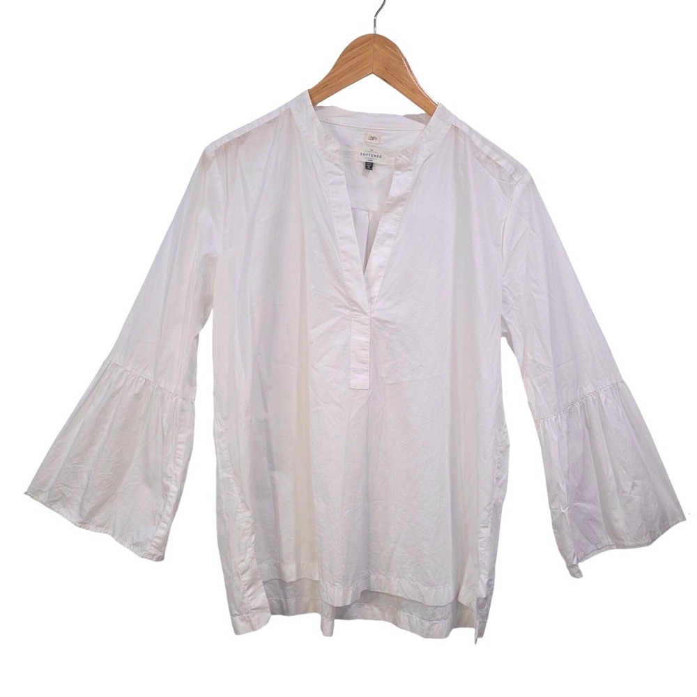 LOFT Womens White Cotton Softened Shirt M Bell Sleeve‎ V-Neck Tunic Blouse Boho - Picture 2 of 16